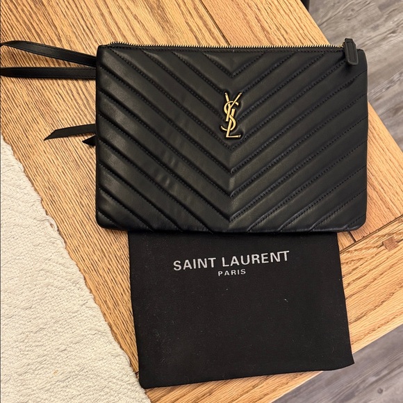 Saint Laurent Black Chevron Pouch with Gold Logo - Picture 1 of 1